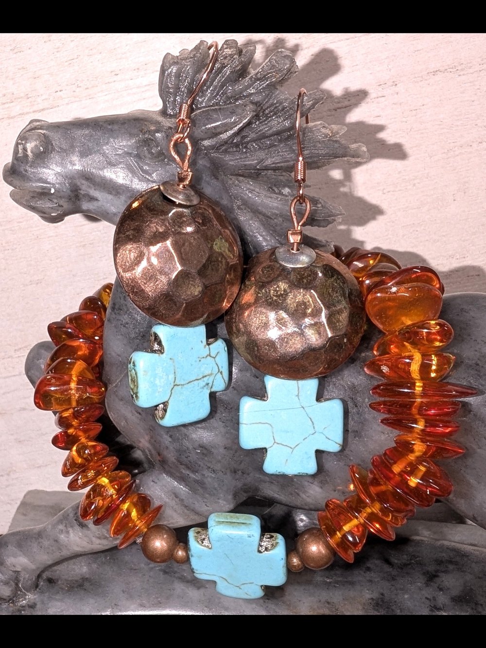 CUSTOM CW Turquoise Cross, Amber & Native Copper Set of Earrings & Bracelet